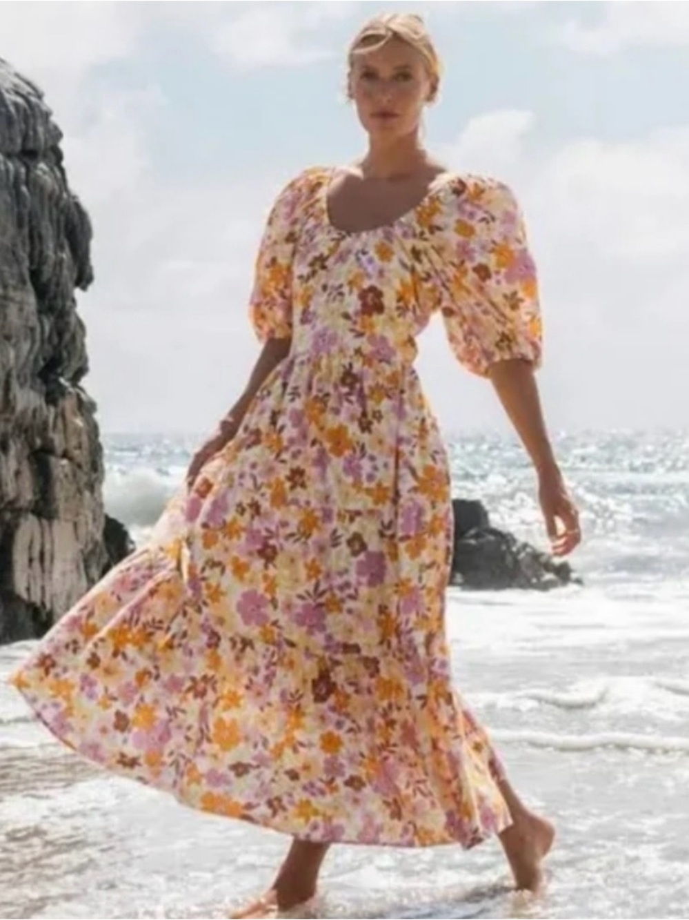 Billabong Floral cotton seersucker Puff-Sleeve Maxi Dress in Pink & Yellow